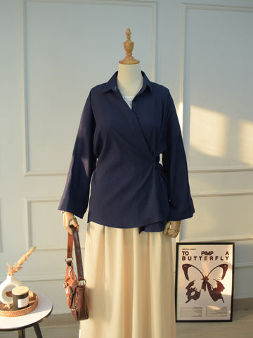 Full outfit look featuring Blair navy blue textured oversized shirt