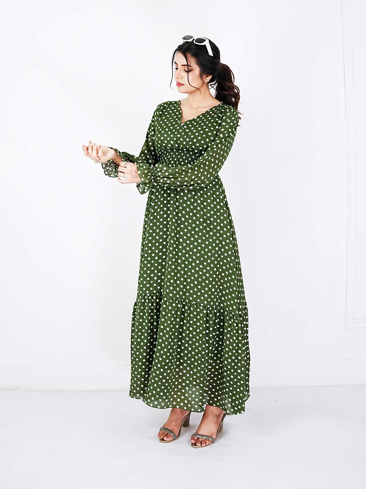 JUNIPER - GREEN POLKADOT LONG DRESS