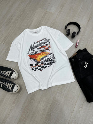 NASHVILLE RACER - WHITE OVERSIZED T-SHIRT