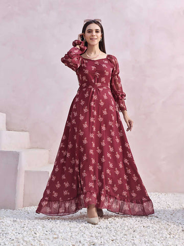 MADELINE - MAROON LONG FLORAL DRESS