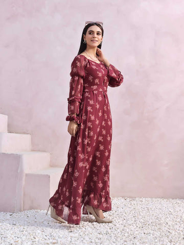 MADELINE - MAROON LONG FLORAL DRESS