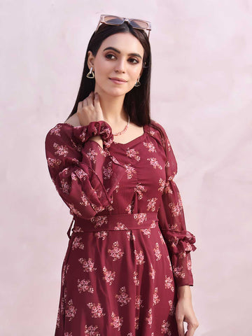 MADELINE - MAROON LONG FLORAL DRESS