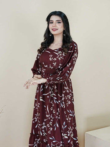 ODELE - MAROON LONG FLORAL DRESS