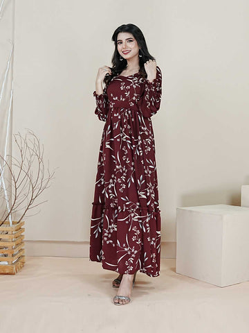 ODELE - MAROON LONG FLORAL DRESS