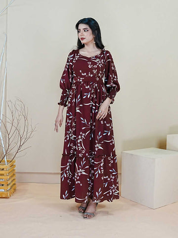 ODELE - MAROON LONG FLORAL DRESS