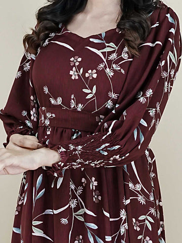 ODELE - MAROON LONG FLORAL DRESS