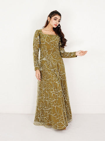 OLIVE GRACE - EMBROIDERED LONG NET DRESS