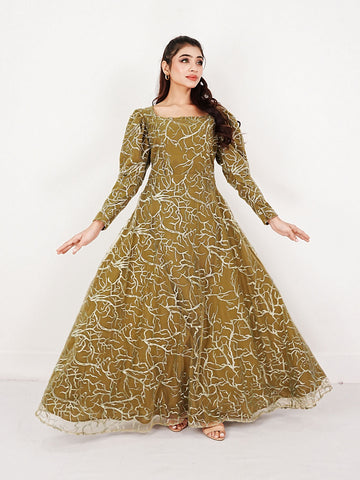 OLIVE GRACE - EMBROIDERED LONG NET DRESS