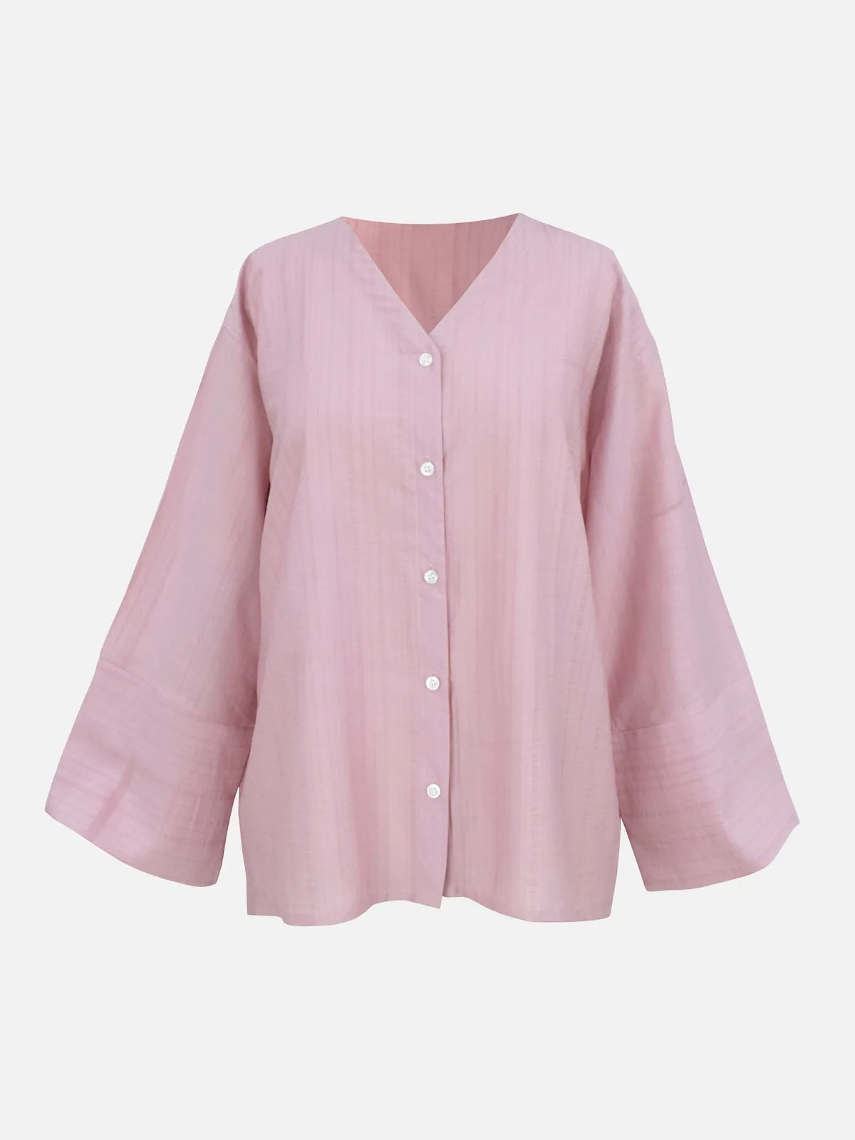 Pink-over-sized-button-down-shirt-with-V-neckline-and-white-buttons-on-white-background-flatlay-product-photo