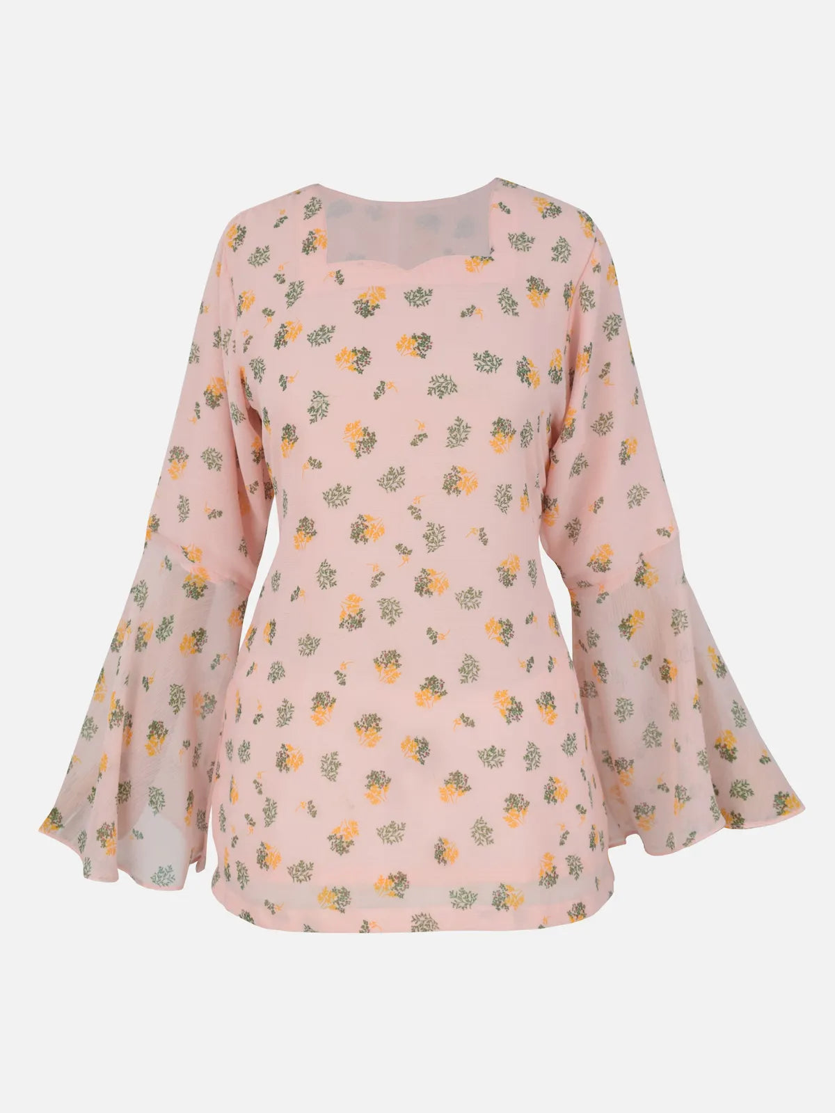 ROBES Azelia light pink floral chiffon kurti flatlay_sweetheart neckline and bell sleeves visible
