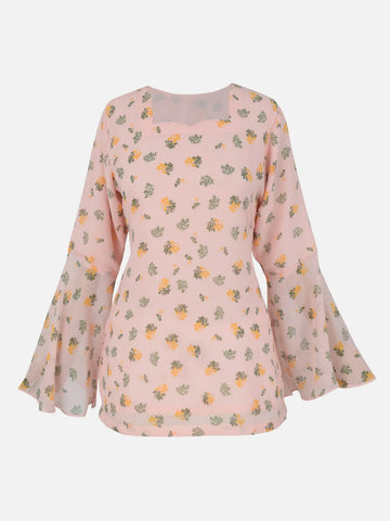 ROBES Azelia light pink floral chiffon kurti flatlay_sweetheart neckline and bell sleeves visible