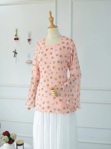 ROBES Azelia pink chiffon kurti on mannequin_three-quarter front angle with bell sleeve detail