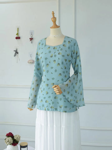 ROBES Cerelia pastel blue chiffon kurti on mannequin_three-quarter front angle with bell sleeve detail