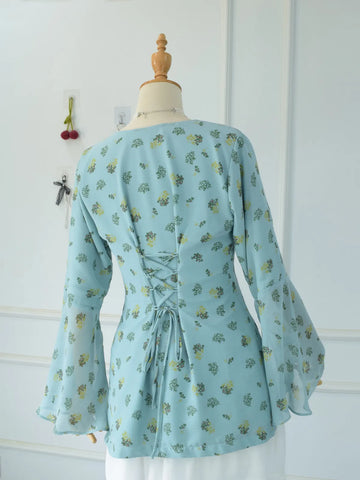 ROBES Cerelia pastel blue fairy kurti_back view showing corset lace-updetail and flared bell sleeves