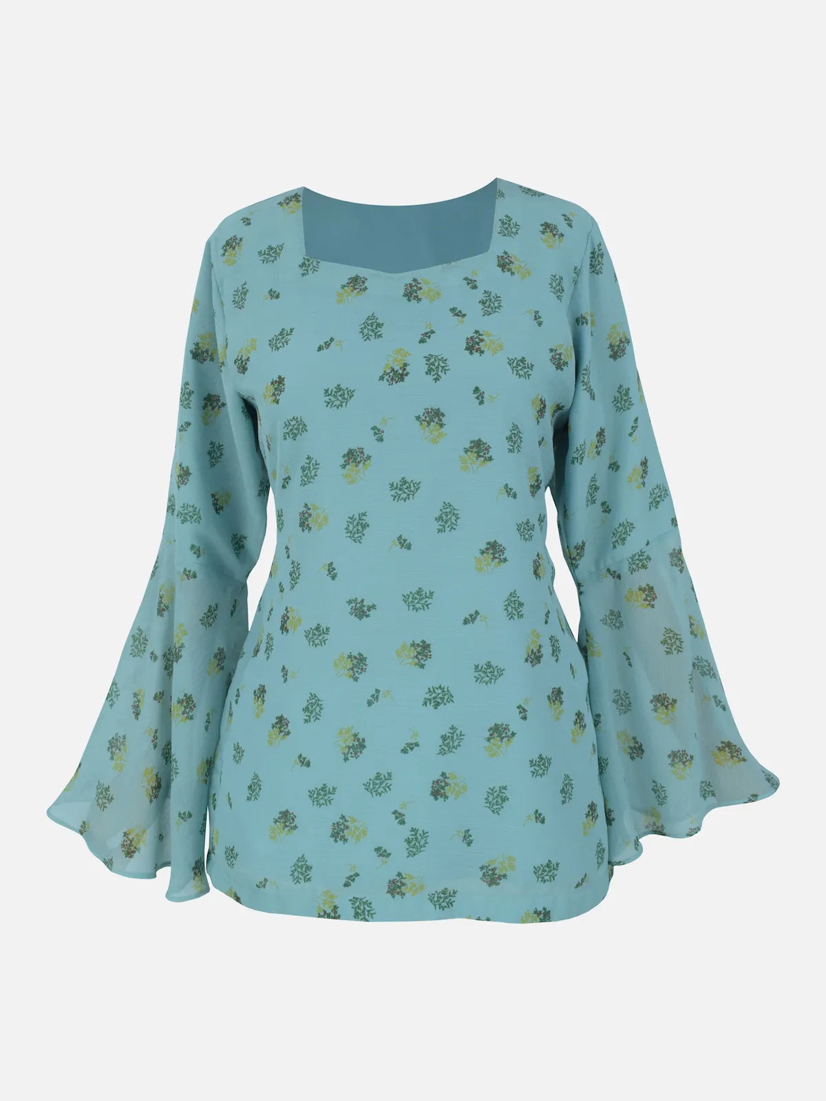 ROBES Cerelia pastel blue floral chiffon kurti flatlay_square neckline and bell sleeves visible