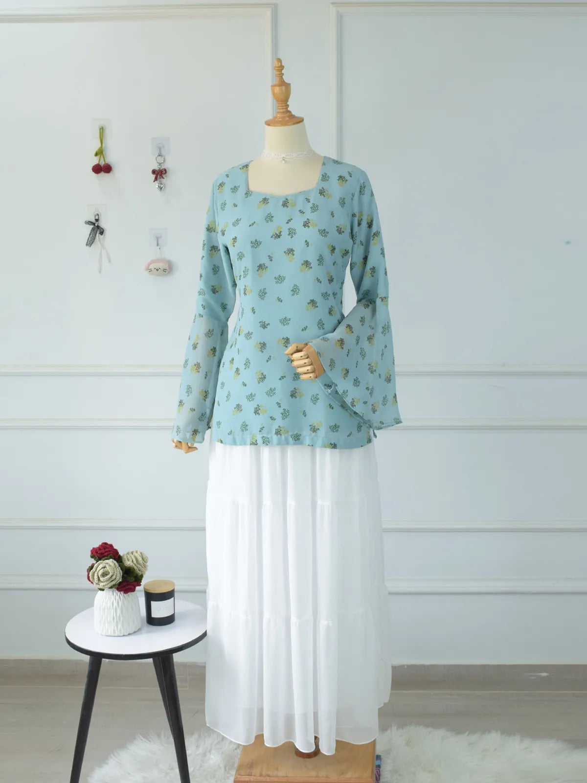 ROBES Cerelia pastel blue floral fairy kurti paired with white skirt_full length front view on mannequin