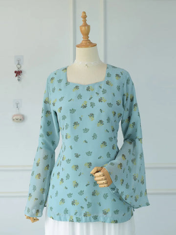 ROBES Cerelia pastel blue floral kurti_front view on mannequin showing full garment and silhouette