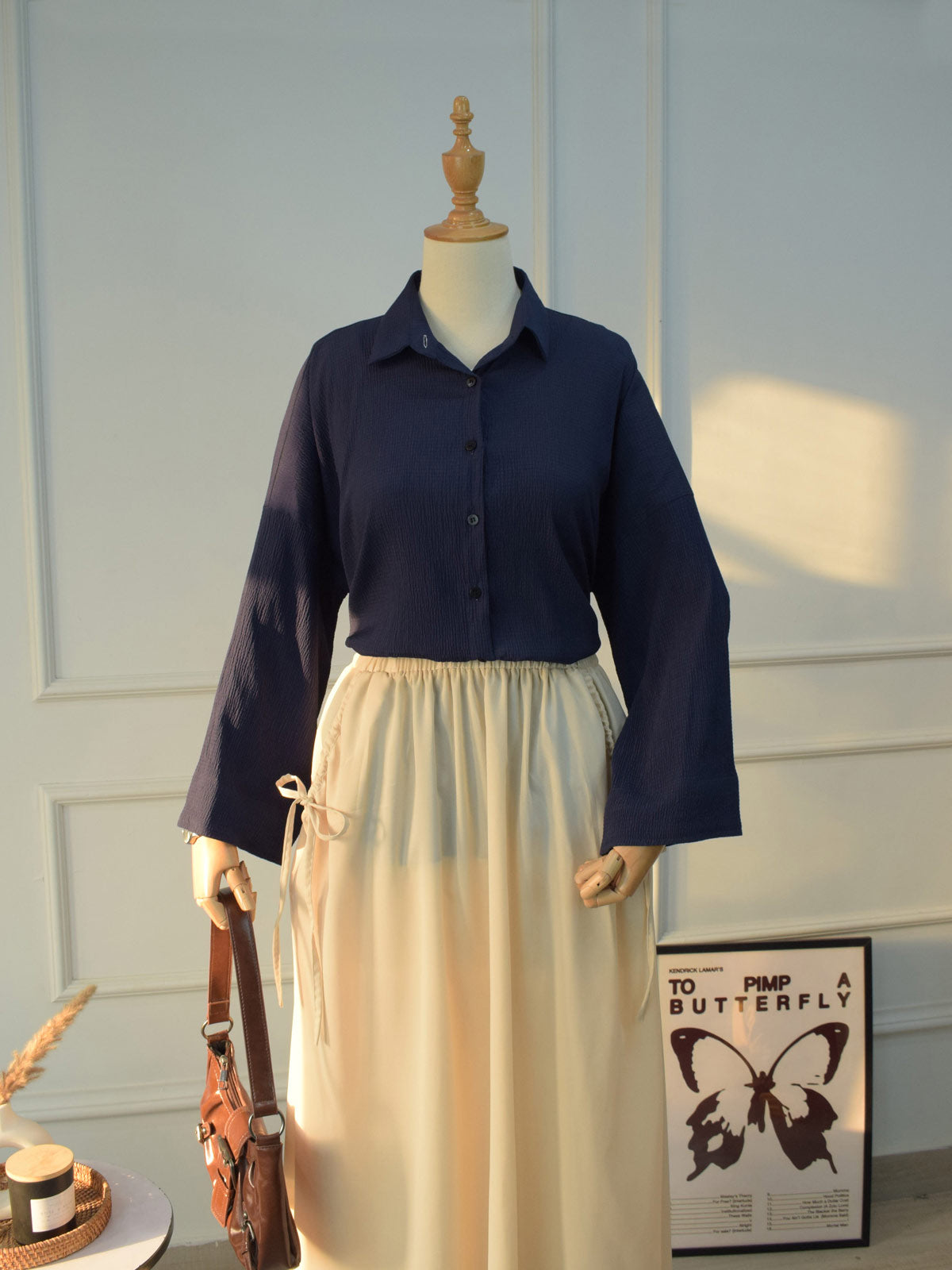 Women's navy blue oversized textured shirt with full button front