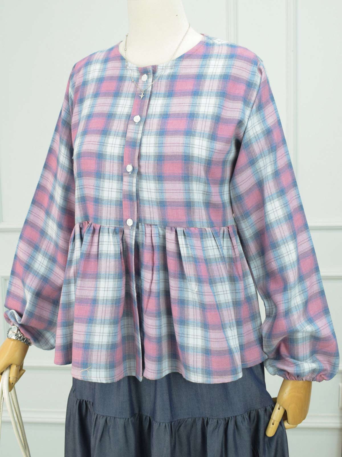 ROBES Pink Grey Checkered Top