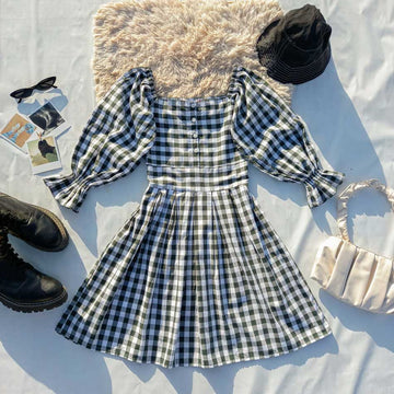 GINGHAM - CHECKERED SHORT DRESS - ROBES
